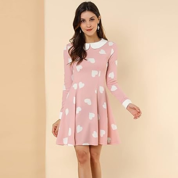 Brand New Allegra K Women's Collar Contrast Heart Print Dress - Picture 1 of 10